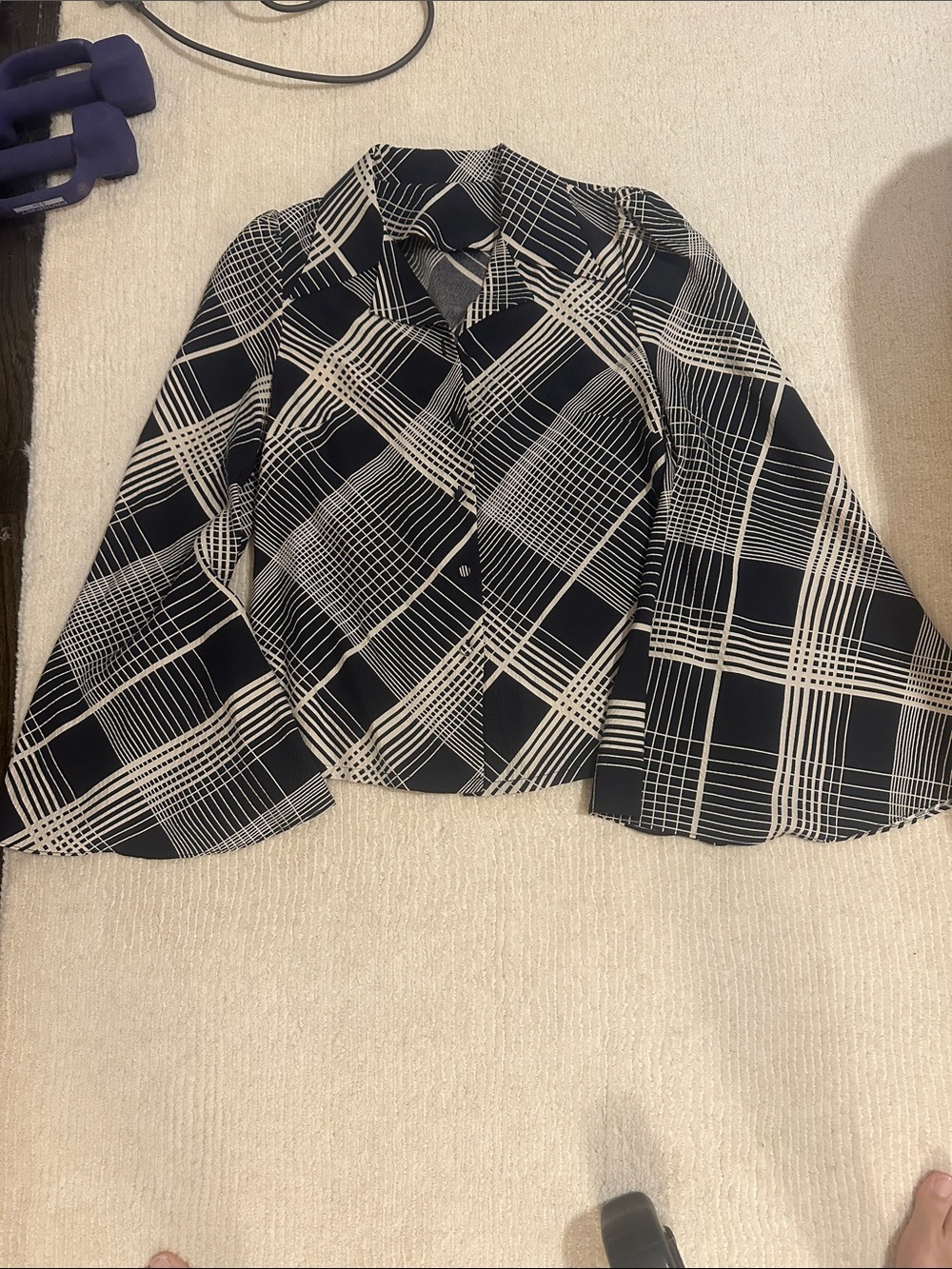Co. Black & White Plaid Button-Front Women's Blouse with flared sleeves